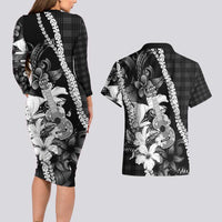 Hawaii Ukulele Couples Matching Long Sleeve Bodycon Dress and Hawaiian Shirt Tropical Flowers With Palaka Effect Black Version - Polynesian Pride