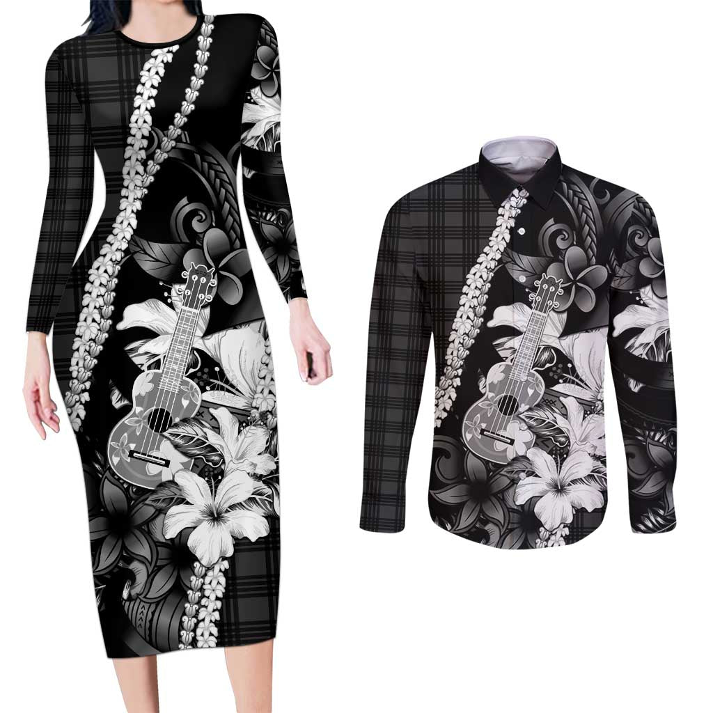Hawaii Ukulele Couples Matching Long Sleeve Bodycon Dress and Long Sleeve Button Shirt Tropical Flowers With Palaka Effect Black Version - Polynesian Pride