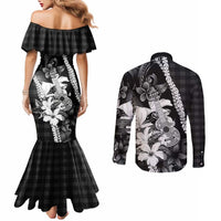 Hawaii Ukulele Couples Matching Mermaid Dress and Long Sleeve Button Shirt Tropical Flowers With Palaka Effect Black Version - Polynesian Pride
