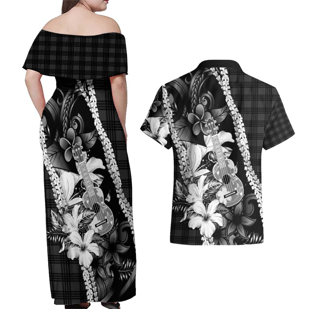 Hawaii Ukulele Couples Matching Off Shoulder Maxi Dress and Hawaiian Shirt Tropical Flowers With Palaka Effect Black Version - Polynesian Pride