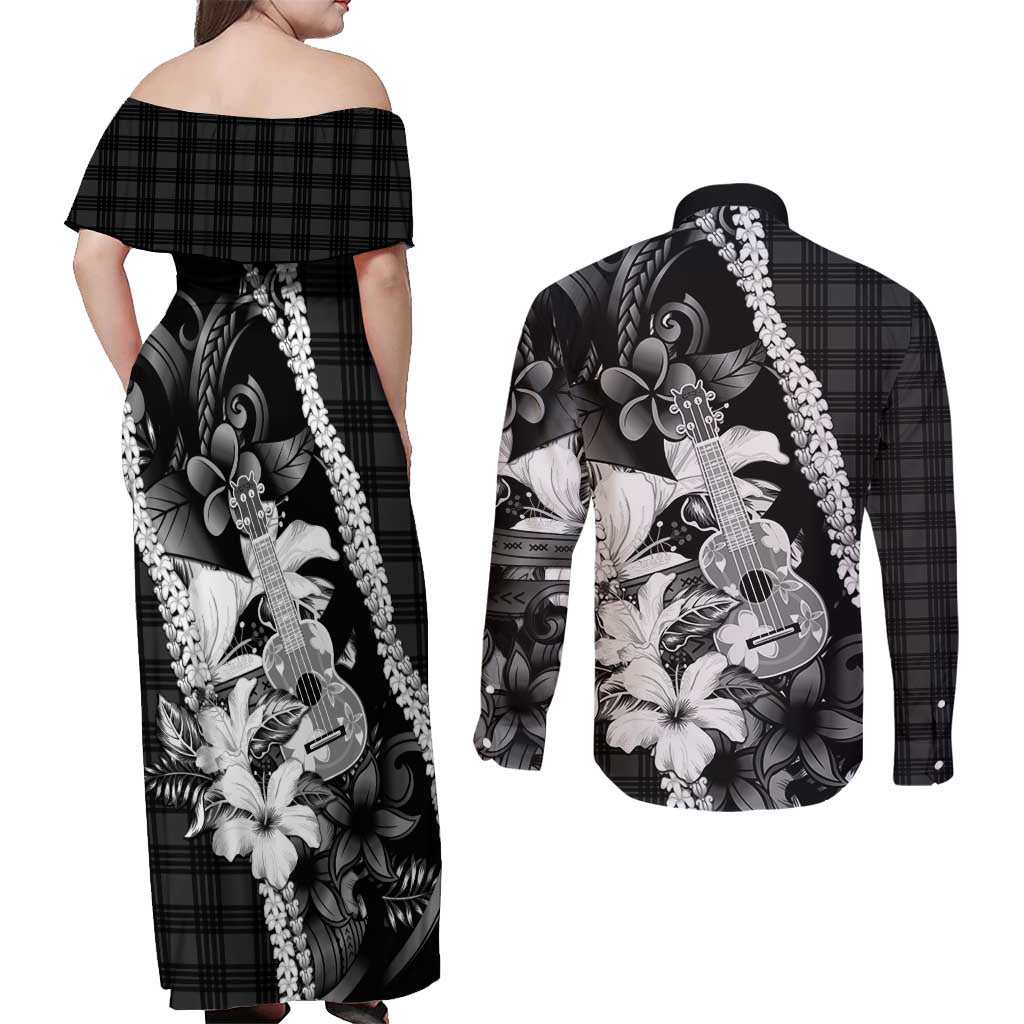 Hawaii Ukulele Couples Matching Off Shoulder Maxi Dress and Long Sleeve Button Shirt Tropical Flowers With Palaka Effect Black Version - Polynesian Pride