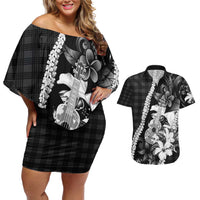Hawaii Ukulele Couples Matching Off Shoulder Short Dress and Hawaiian Shirt Tropical Flowers With Palaka Effect Black Version - Polynesian Pride