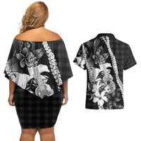 Hawaii Ukulele Couples Matching Off Shoulder Short Dress and Hawaiian Shirt Tropical Flowers With Palaka Effect Black Version - Polynesian Pride