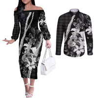 Hawaii Ukulele Couples Matching Off The Shoulder Long Sleeve Dress and Long Sleeve Button Shirt Tropical Flowers With Palaka Effect Black Version - Polynesian Pride