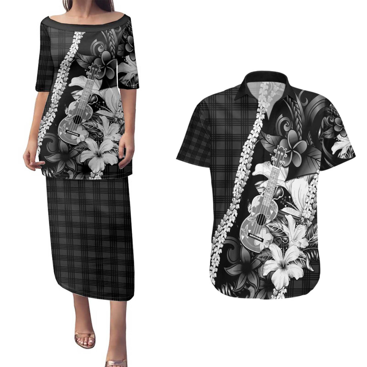 Hawaii Ukulele Couples Matching Puletasi and Hawaiian Shirt Tropical Flowers With Palaka Effect Black Version - Polynesian Pride