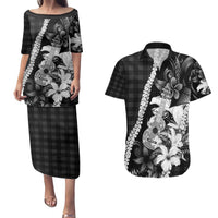 Hawaii Ukulele Couples Matching Puletasi and Hawaiian Shirt Tropical Flowers With Palaka Effect Black Version - Polynesian Pride