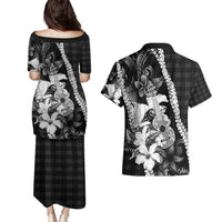 Hawaii Ukulele Couples Matching Puletasi and Hawaiian Shirt Tropical Flowers With Palaka Effect Black Version - Polynesian Pride