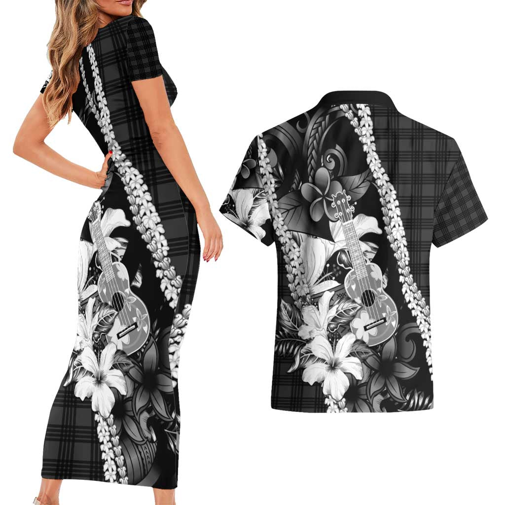 Hawaii Ukulele Couples Matching Short Sleeve Bodycon Dress and Hawaiian Shirt Tropical Flowers With Palaka Effect Black Version - Polynesian Pride