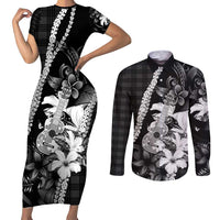 Hawaii Ukulele Couples Matching Short Sleeve Bodycon Dress and Long Sleeve Button Shirt Tropical Flowers With Palaka Effect Black Version - Polynesian Pride