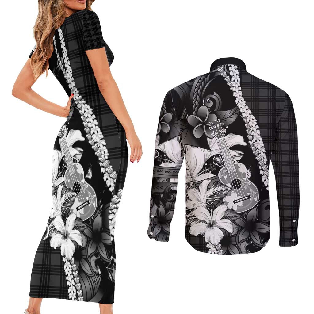Hawaii Ukulele Couples Matching Short Sleeve Bodycon Dress and Long Sleeve Button Shirt Tropical Flowers With Palaka Effect Black Version - Polynesian Pride