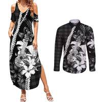 Hawaii Ukulele Couples Matching Summer Maxi Dress and Long Sleeve Button Shirt Tropical Flowers With Palaka Effect Black Version - Polynesian Pride