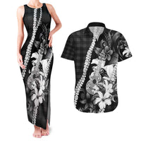 Hawaii Ukulele Couples Matching Tank Maxi Dress and Hawaiian Shirt Tropical Flowers With Palaka Effect Black Version - Polynesian Pride