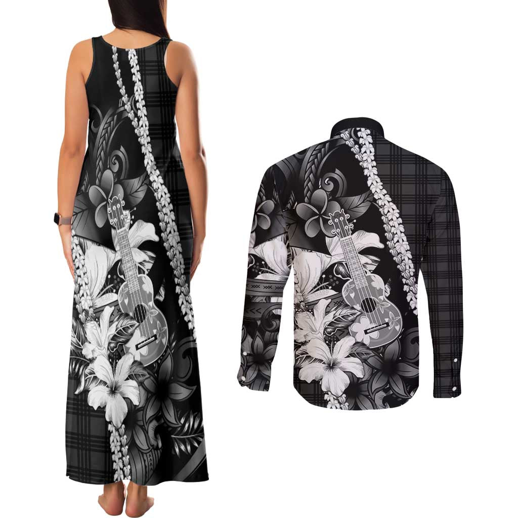 Hawaii Ukulele Couples Matching Tank Maxi Dress and Long Sleeve Button Shirt Tropical Flowers With Palaka Effect Black Version - Polynesian Pride