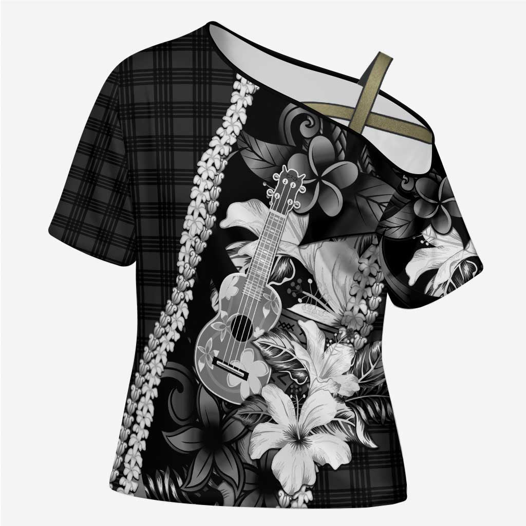 Hawaii Ukulele Cross Shoulder Shirt Tropical Flowers With Palaka Effect Black Version - Polynesian Pride