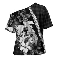 Hawaii Ukulele Cross Shoulder Shirt Tropical Flowers With Palaka Effect Black Version - Polynesian Pride