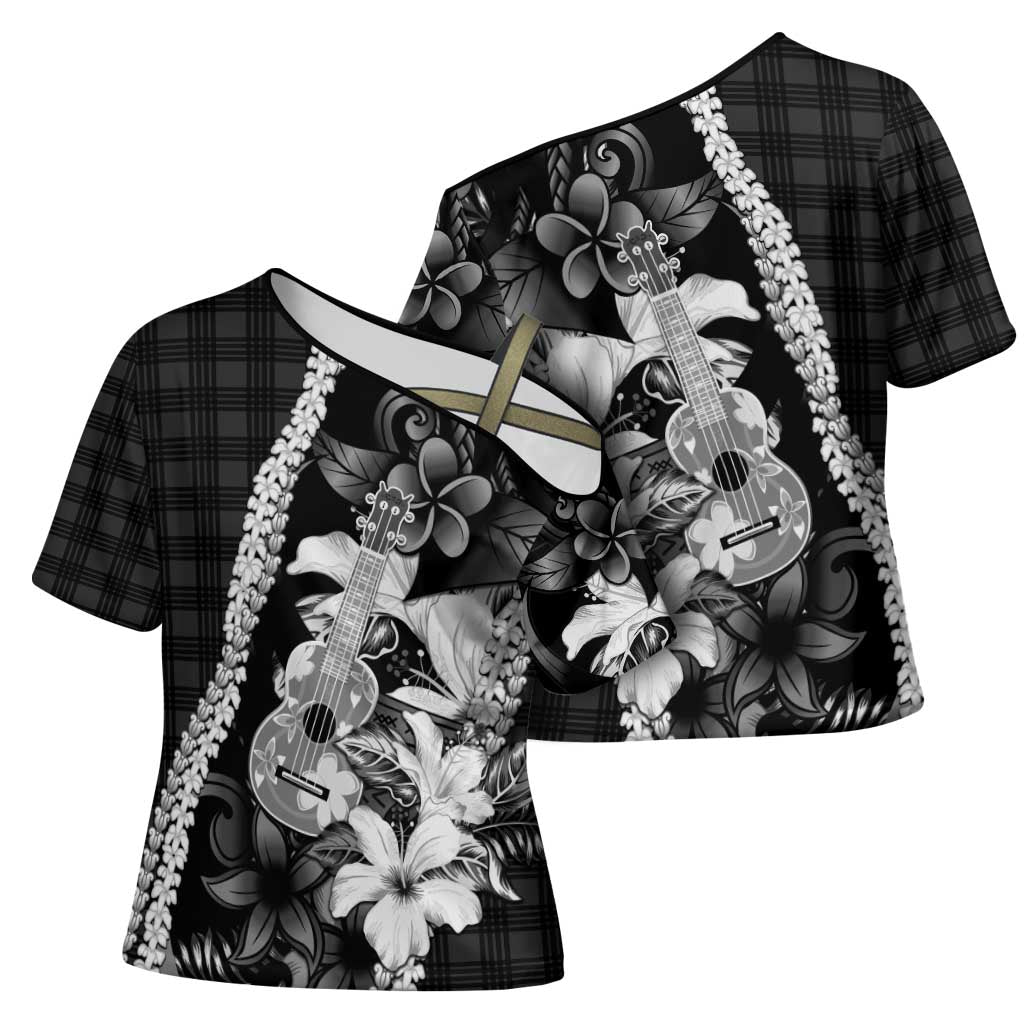 Hawaii Ukulele Cross Shoulder Shirt Tropical Flowers With Palaka Effect Black Version - Polynesian Pride