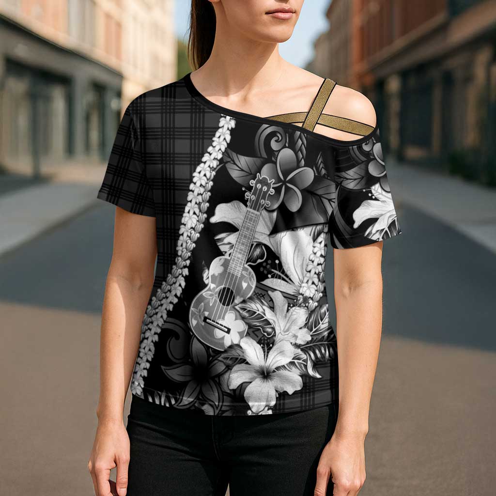 Hawaii Ukulele Cross Shoulder Shirt Tropical Flowers With Palaka Effect Black Version - Polynesian Pride