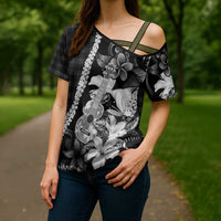 Hawaii Ukulele Cross Shoulder Shirt Tropical Flowers With Palaka Effect Black Version - Polynesian Pride