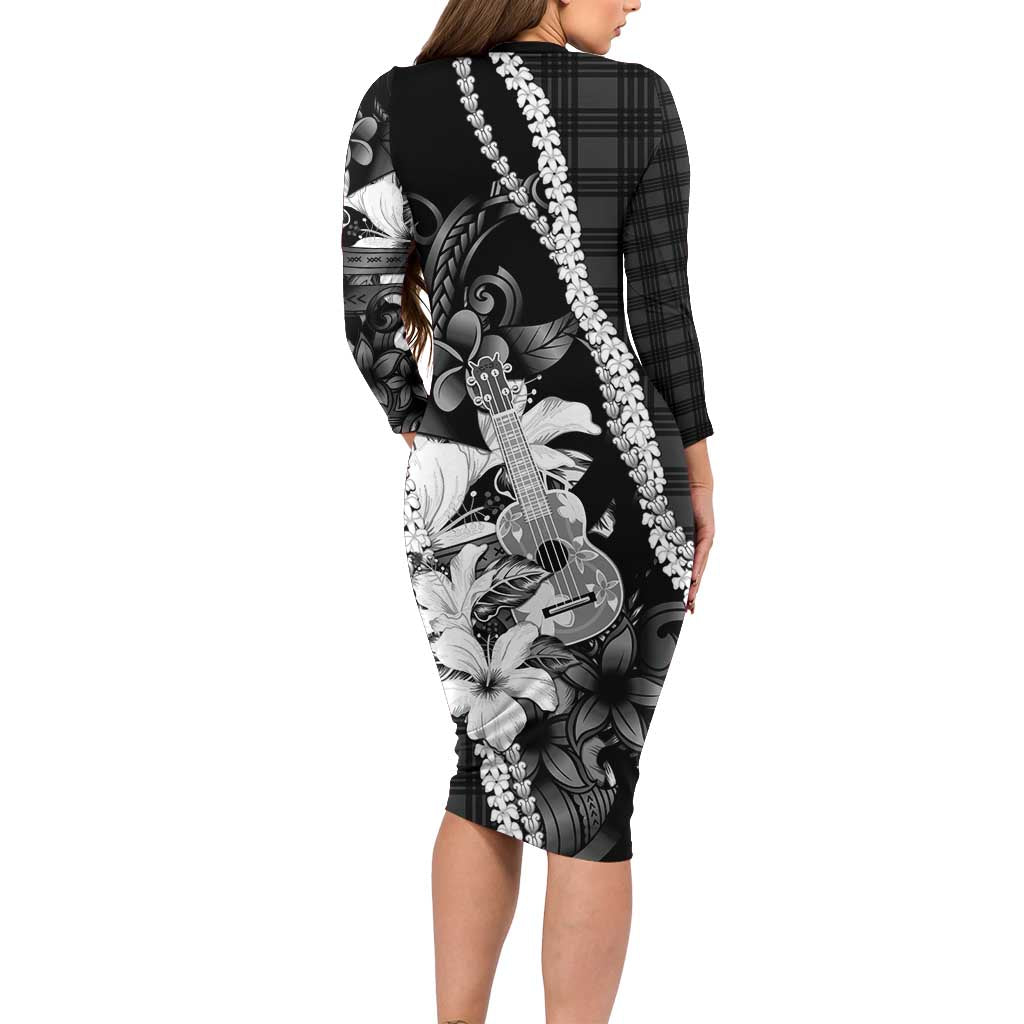 Hawaii Ukulele Family Matching Long Sleeve Bodycon Dress and Hawaiian Shirt Tropical Flowers With Palaka Effect Black Version - Polynesian Pride