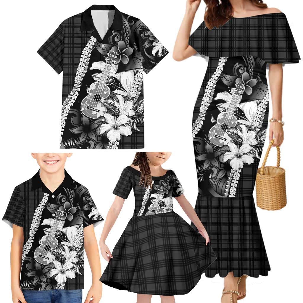 Hawaii Ukulele Family Matching Mermaid Dress and Hawaiian Shirt Tropical Flowers With Palaka Effect Black Version - Polynesian Pride