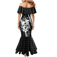 Hawaii Ukulele Family Matching Mermaid Dress and Hawaiian Shirt Tropical Flowers With Palaka Effect Black Version - Polynesian Pride