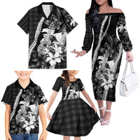 Hawaii Ukulele Family Matching Off The Shoulder Long Sleeve Dress and Hawaiian Shirt Tropical Flowers With Palaka Effect Black Version - Polynesian Pride