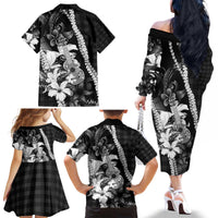 Hawaii Ukulele Family Matching Off The Shoulder Long Sleeve Dress and Hawaiian Shirt Tropical Flowers With Palaka Effect Black Version - Polynesian Pride
