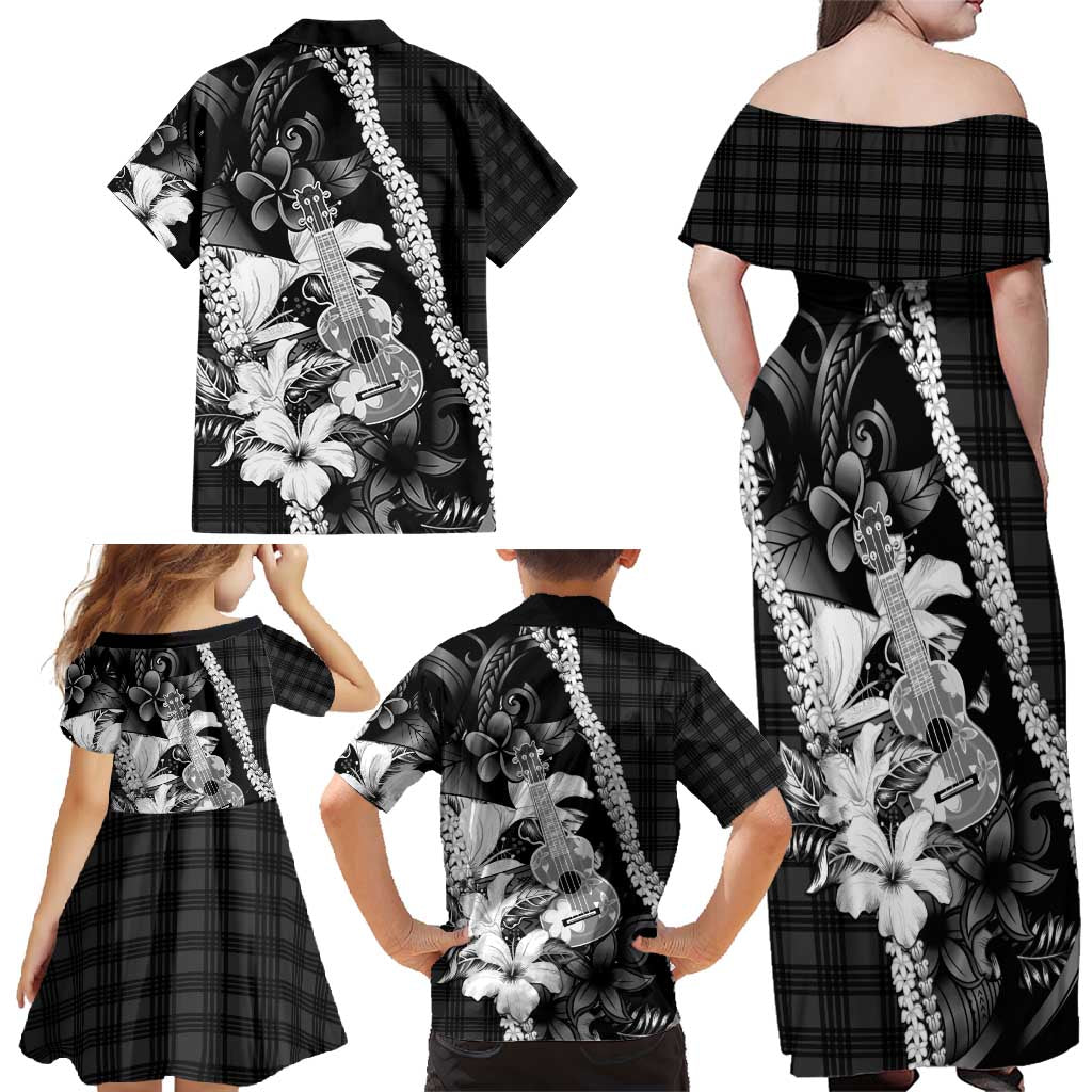 Hawaii Ukulele Family Matching Off Shoulder Maxi Dress and Hawaiian Shirt Tropical Flowers With Palaka Effect Black Version - Polynesian Pride