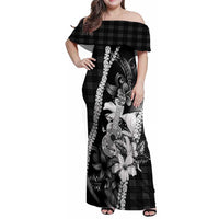 Hawaii Ukulele Family Matching Off Shoulder Maxi Dress and Hawaiian Shirt Tropical Flowers With Palaka Effect Black Version - Polynesian Pride
