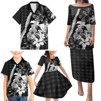 Hawaii Ukulele Family Matching Puletasi and Hawaiian Shirt Tropical Flowers With Palaka Effect Black Version - Polynesian Pride