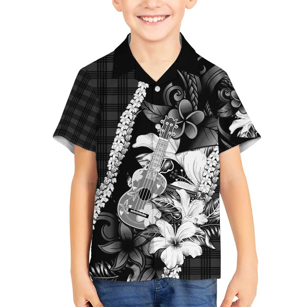 Hawaii Ukulele Family Matching Puletasi and Hawaiian Shirt Tropical Flowers With Palaka Effect Black Version - Polynesian Pride