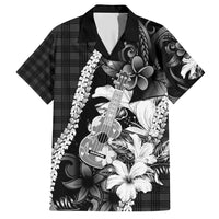 Hawaii Ukulele Family Matching Short Sleeve Bodycon Dress and Hawaiian Shirt Tropical Flowers With Palaka Effect Black Version - Polynesian Pride