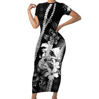 Hawaii Ukulele Family Matching Short Sleeve Bodycon Dress and Hawaiian Shirt Tropical Flowers With Palaka Effect Black Version - Polynesian Pride