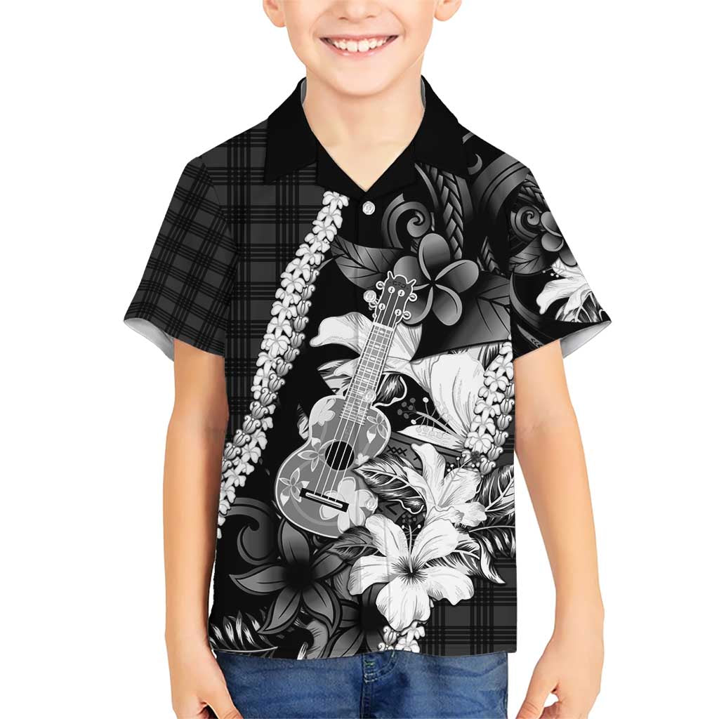 Hawaii Ukulele Family Matching Short Sleeve Bodycon Dress and Hawaiian Shirt Tropical Flowers With Palaka Effect Black Version - Polynesian Pride