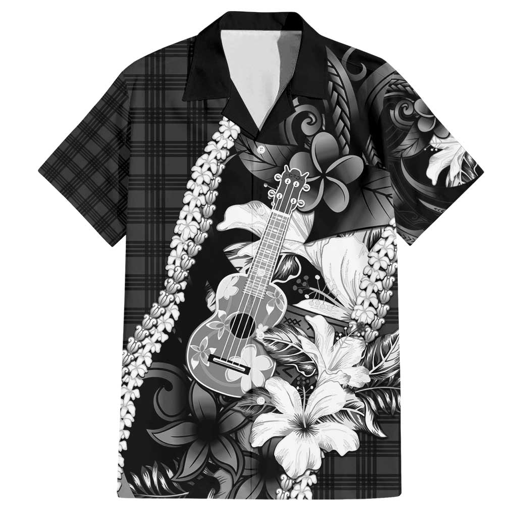 Hawaii Ukulele Family Matching Tank Maxi Dress and Hawaiian Shirt Tropical Flowers With Palaka Effect Black Version - Polynesian Pride