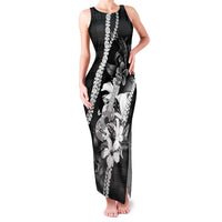 Hawaii Ukulele Family Matching Tank Maxi Dress and Hawaiian Shirt Tropical Flowers With Palaka Effect Black Version - Polynesian Pride