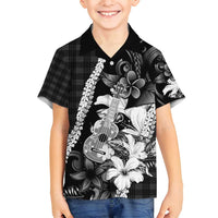 Hawaii Ukulele Family Matching Tank Maxi Dress and Hawaiian Shirt Tropical Flowers With Palaka Effect Black Version - Polynesian Pride