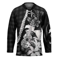 Hawaii Ukulele Hockey Jersey Tropical Flowers With Palaka Effect Black Version - Polynesian Pride