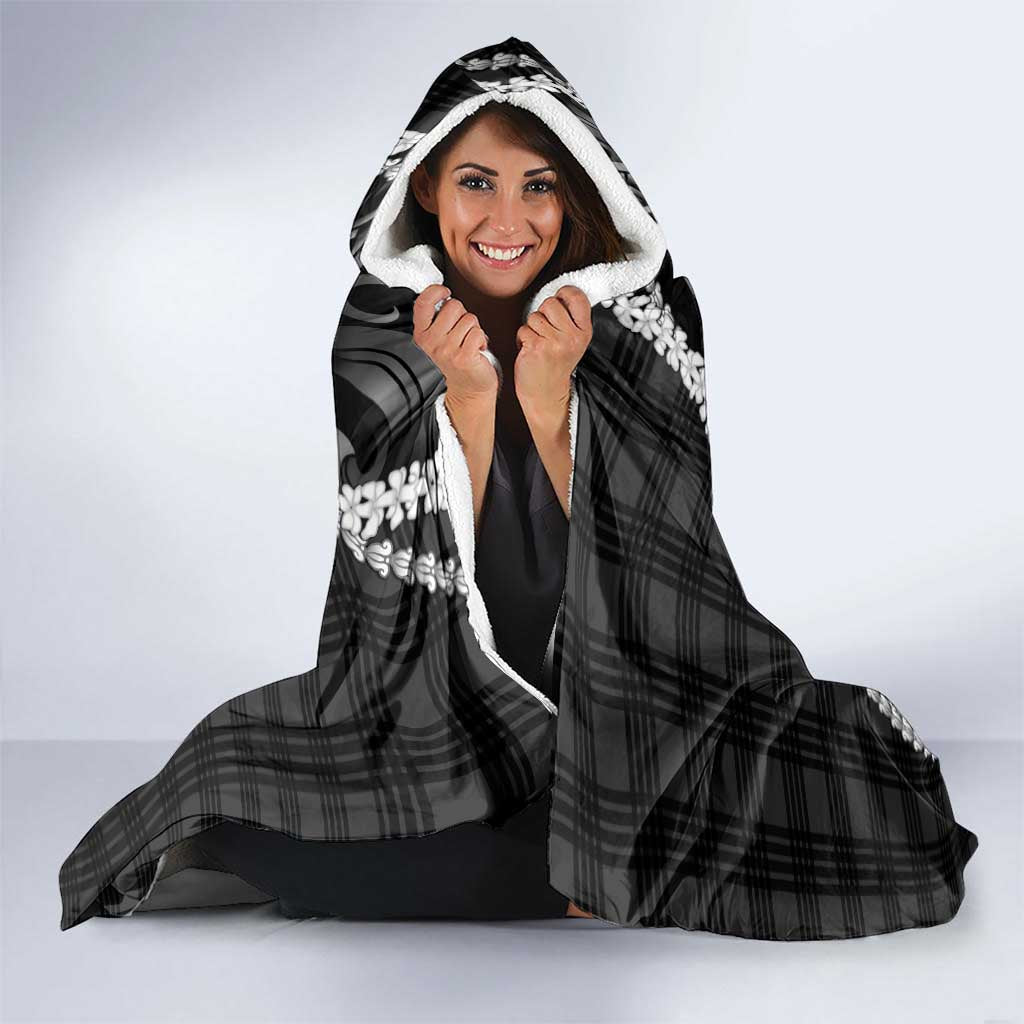 Hawaii Ukulele Hooded Blanket Tropical Flowers With Palaka Effect Black Version - Polynesian Pride