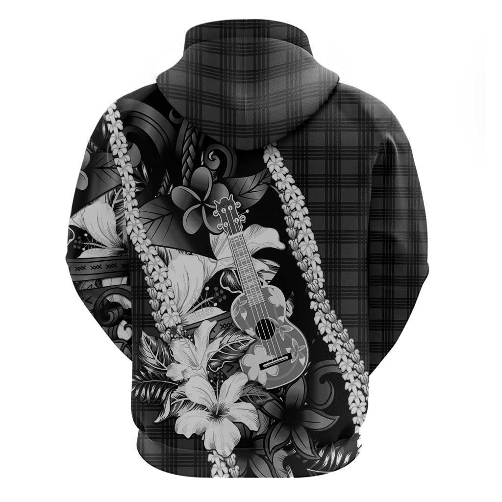 Hawaii Ukulele Hoodie Tropical Flowers With Palaka Effect Black Version - Polynesian Pride