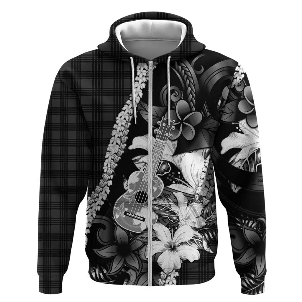 Hawaii Ukulele Hoodie Tropical Flowers With Palaka Effect Black Version - Polynesian Pride