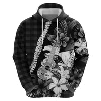 Hawaii Ukulele Hoodie Tropical Flowers With Palaka Effect Black Version - Polynesian Pride
