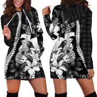Hawaii Ukulele Hoodie Dress Tropical Flowers With Palaka Effect Black Version - Polynesian Pride