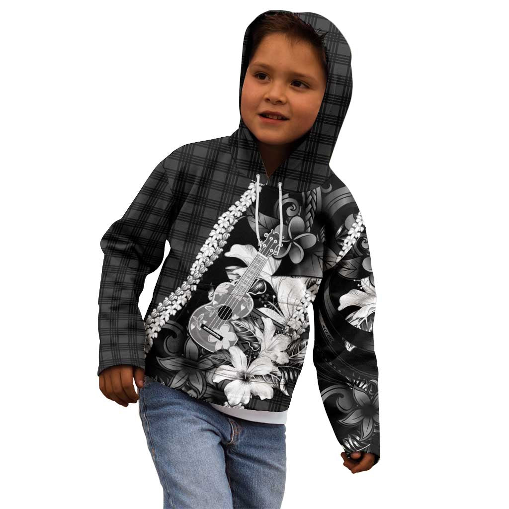 Hawaii Ukulele Kid Hoodie Tropical Flowers With Palaka Effect Black Version - Polynesian Pride