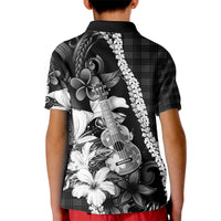 Hawaii Ukulele Kid Polo Shirt Tropical Flowers With Palaka Effect Black Version - Polynesian Pride