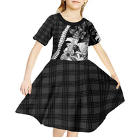 Hawaii Ukulele Kid Short Sleeve Dress Tropical Flowers With Palaka Effect Black Version - Polynesian Pride