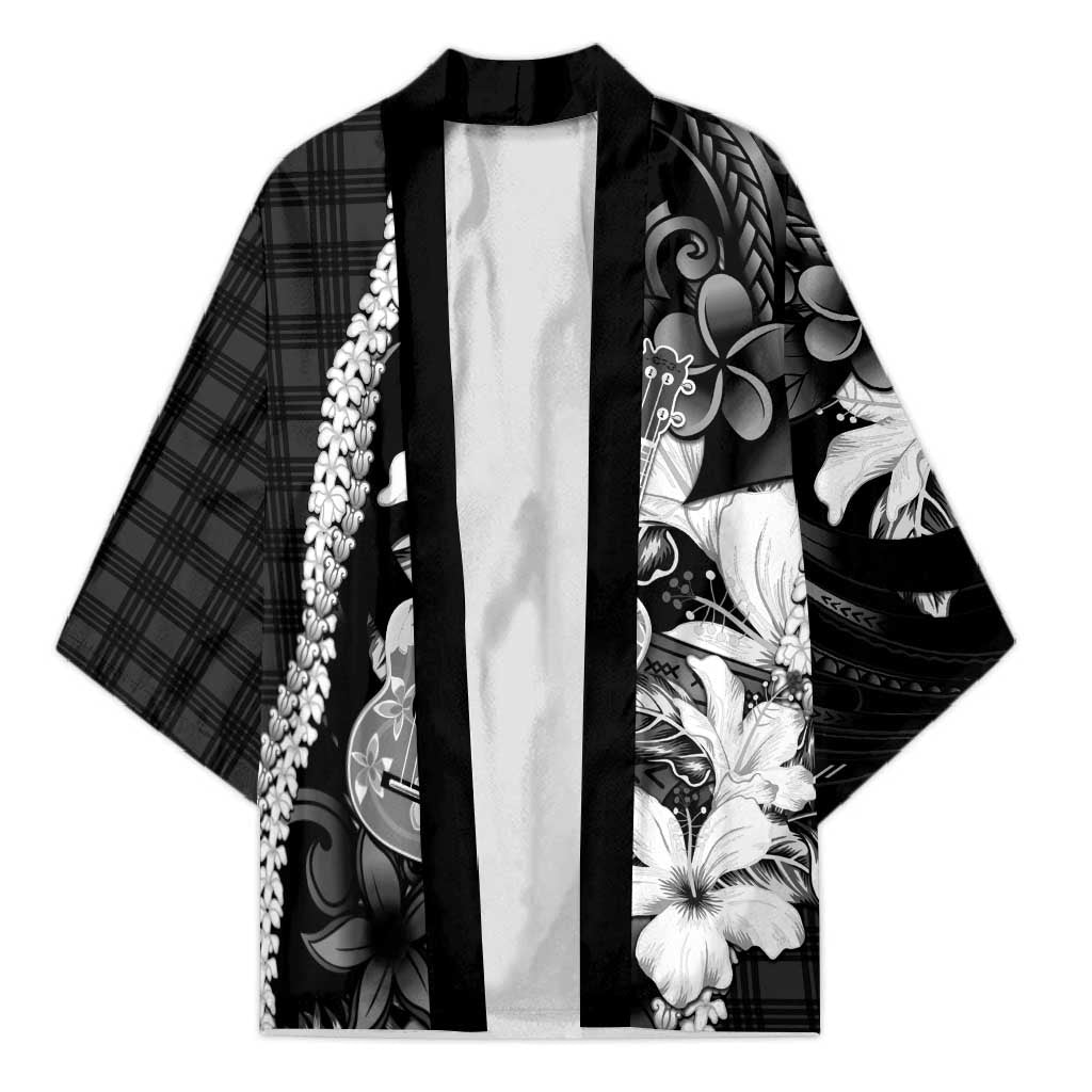 Hawaii Ukulele Kimono Tropical Flowers With Palaka Effect Black Version - Polynesian Pride