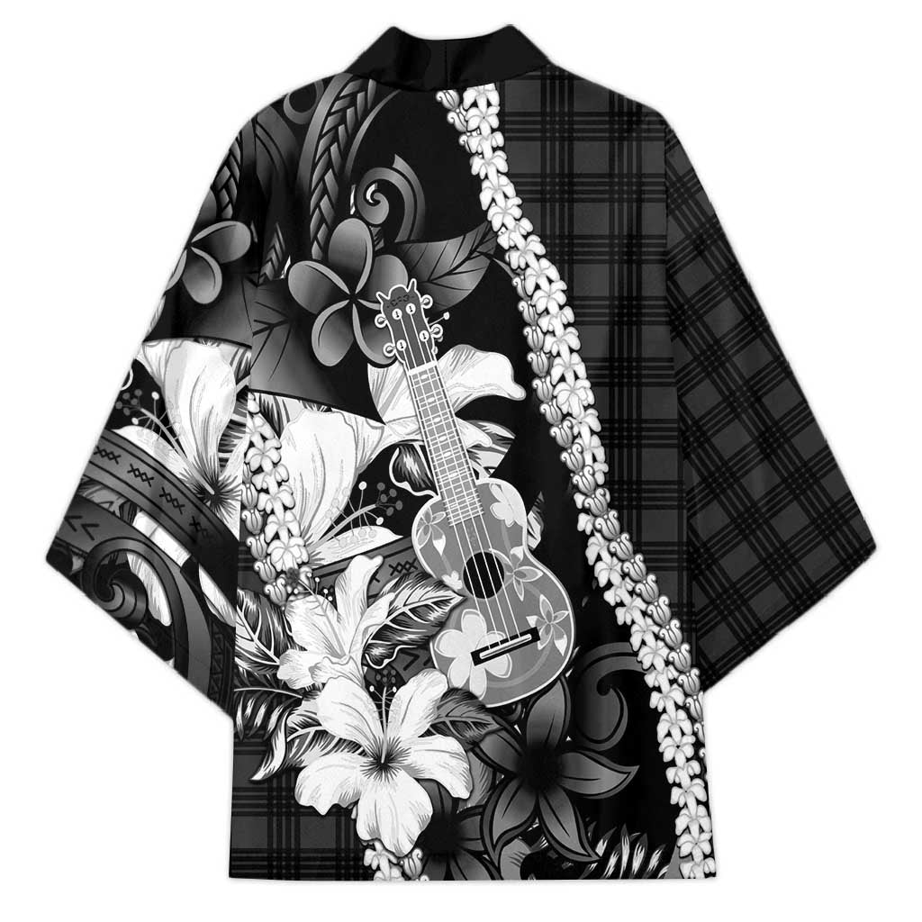 Hawaii Ukulele Kimono Tropical Flowers With Palaka Effect Black Version - Polynesian Pride