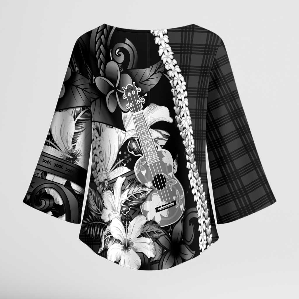 Hawaii Ukulele Kimono Sleeve Blouse Tropical Flowers With Palaka Effect Black Version - Polynesian Pride