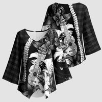 Hawaii Ukulele Kimono Sleeve Blouse Tropical Flowers With Palaka Effect Black Version - Polynesian Pride